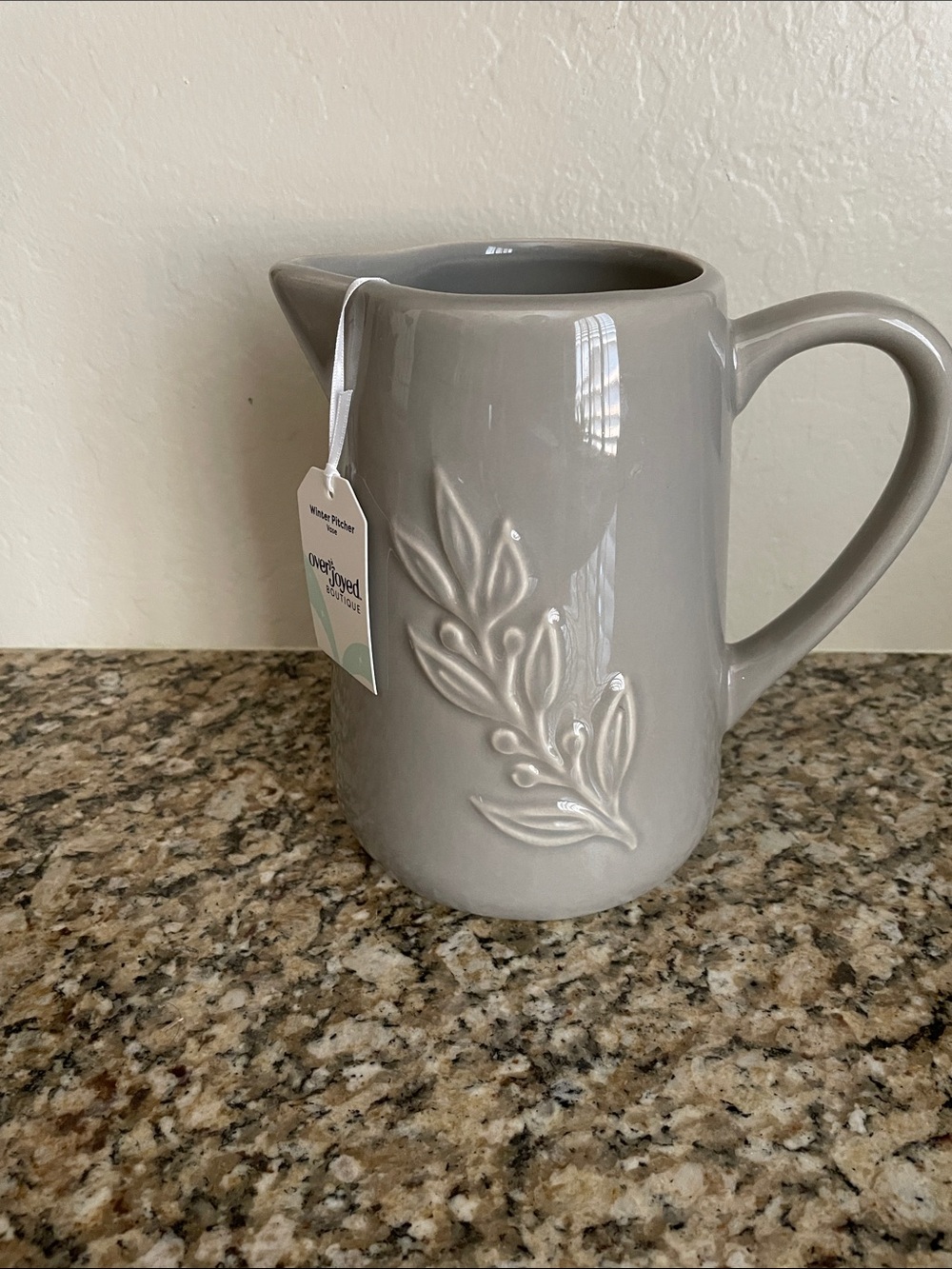 Gray Ceramic Pitcher with Embossed Leaf Detail